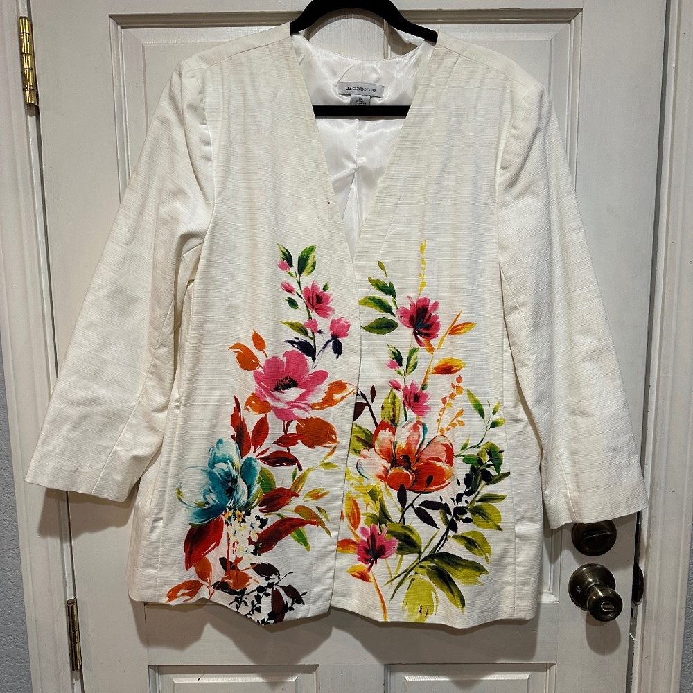 Liz Claiborne Blazer Women White LA VIE EN ROSE Floral Work Jacket-Size XL